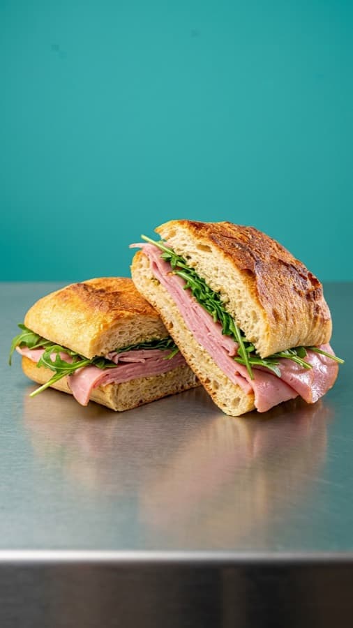 La Mortadella: a panino cut in half showing thin-sliced mortadella and wild rocket, against a teal wall