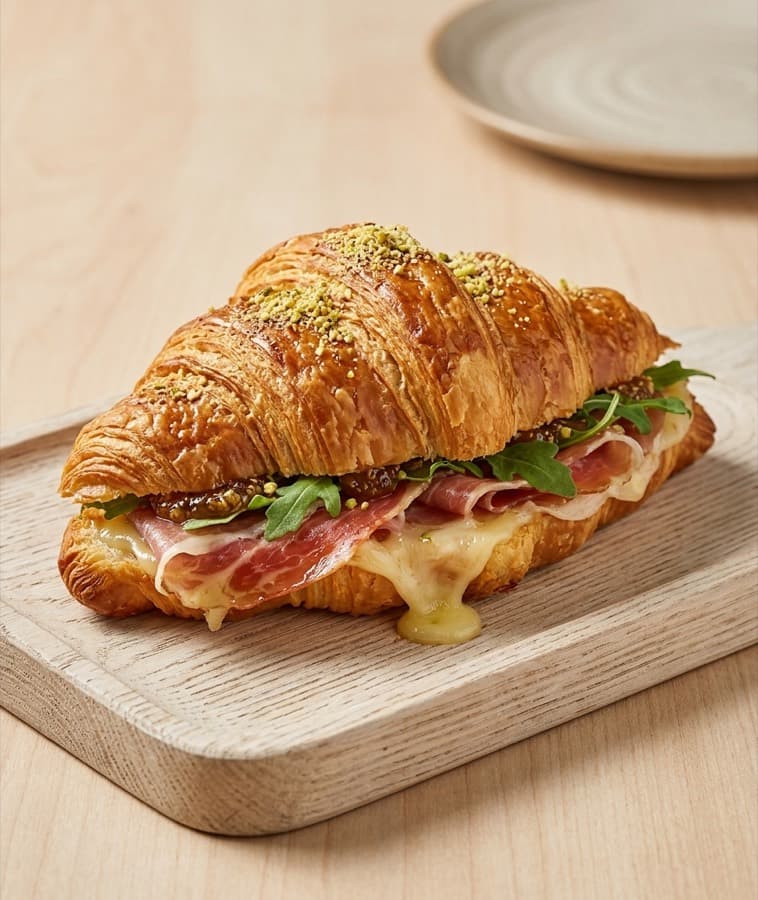 Il Dolce Salato: a golden butter croissant filled with prosciutto, melted provolone, fig jam and rocket, topped with crushed pistachio